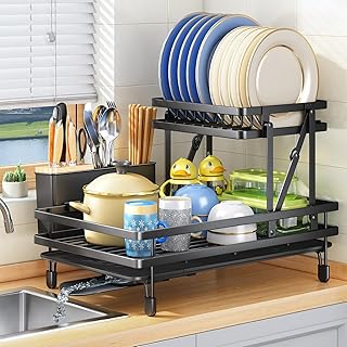 SAYZH Dish Drainer, 2 Tier Foldable Dish Drying Rack, Dish Rack for Kitchen Counter, Large Rustproof Sink Drainer Rack with Removable Drip Tray, Utensil Holder, Black