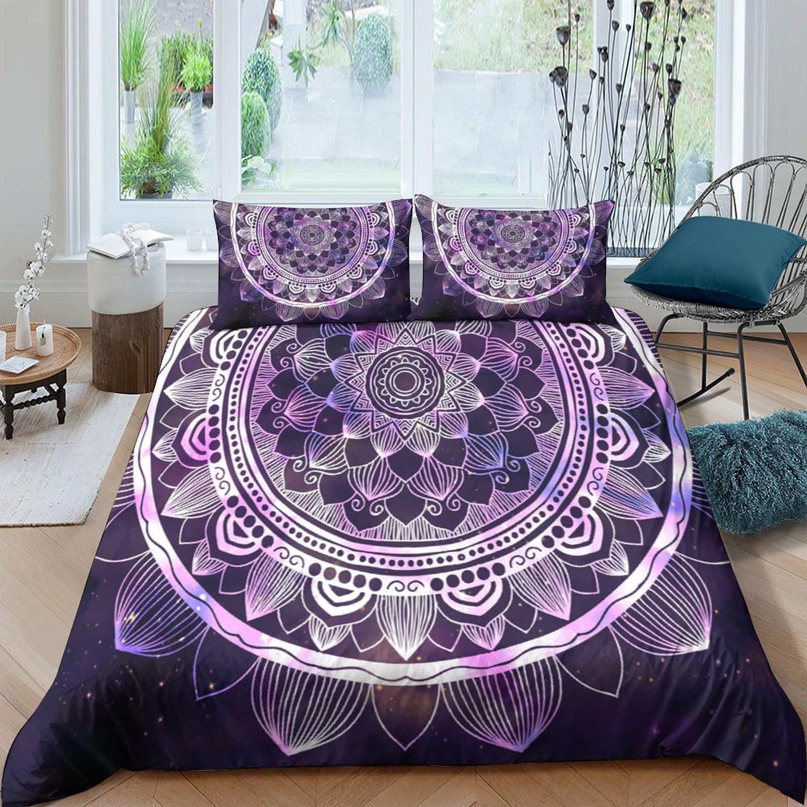 GPLZQXKJNH 3D Printed Mandala Purple Duvet Cover Microfiber Soft Breathable Lotus Bedding Set with 2 Pillowcases for Bedroom Decor Single（135x200cm）