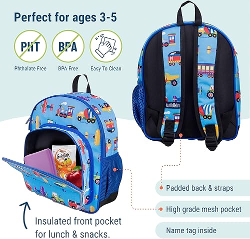 Miniatura 6 de Wildkin Paquete de mochila de 12 pulgadas con lonchera aislada (trenes, aviones y camiones)