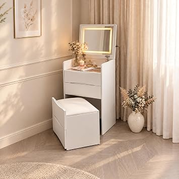 Dressing Table with Flip-top Mirror & LED Lights, 2-in-1 Compact Vanity Desk Set with Glass Tabletop, Small Makeup Table with 3 Drawers & Cushioned Stool for Bedroom, White