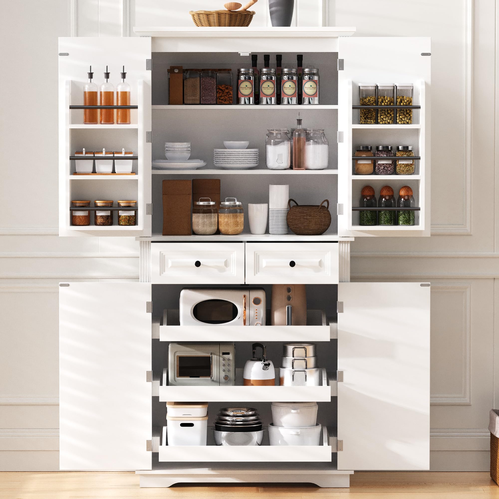 Ball &amp; Cast 71″Tall Farmhouse Kitchen Pantry Cabinet with 3 Pull Out Shelves &amp; 2 Large Drawers,Versatile Pantryl Storage Cabinet w/ 6 Door Shelf &amp; Adjustable Shelves for Kitchen,Dining Room,White