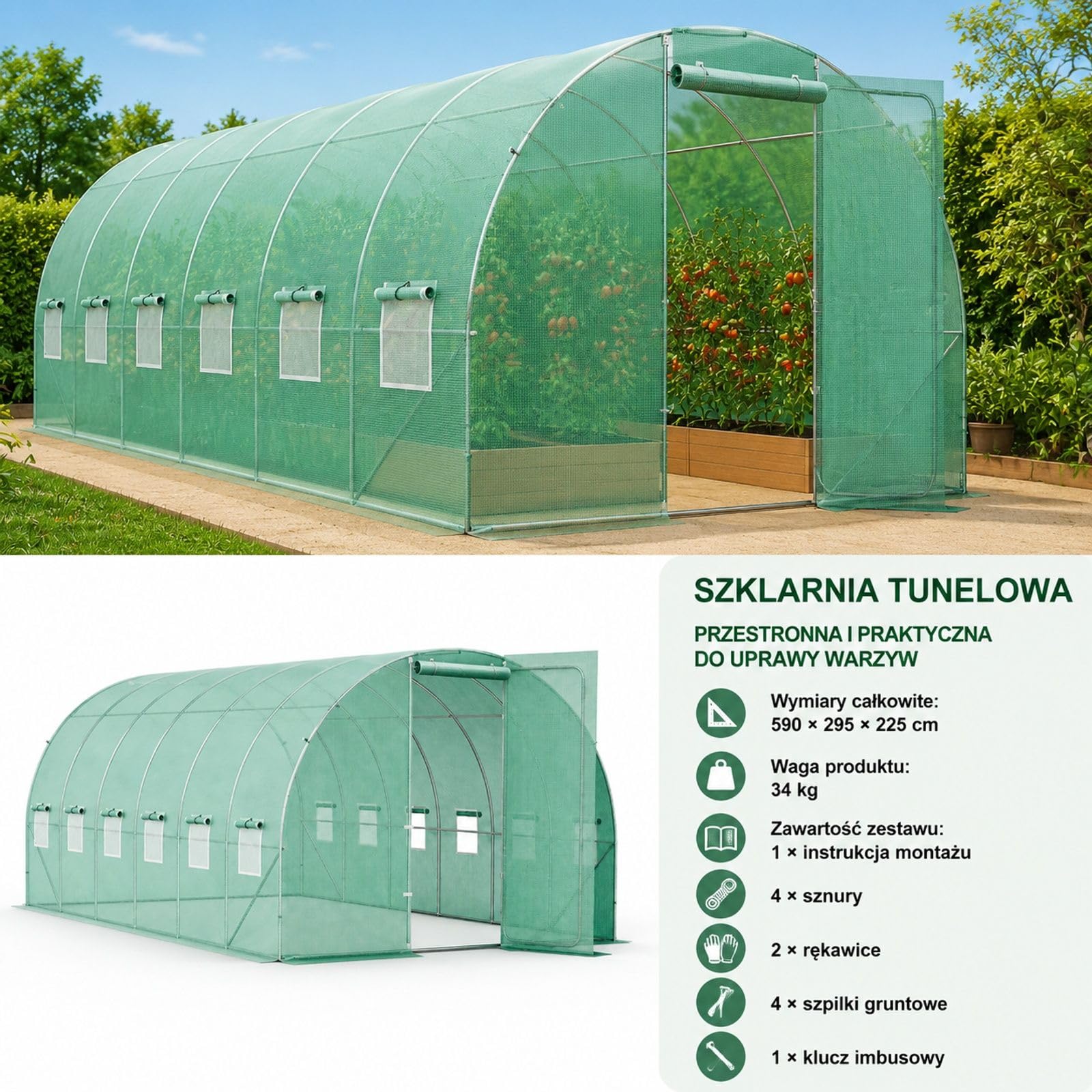 Szklarnia tunelowa, 6,8 x 2,3 x 2,3 m, plastikowa szklarnia tunelowa, szklarnia na rośliny z ocynkowaną stalową ramą, zieloną osłoną z polietylenu, drzwiami wahadłowymi i 12 oknami zwijanymi do u