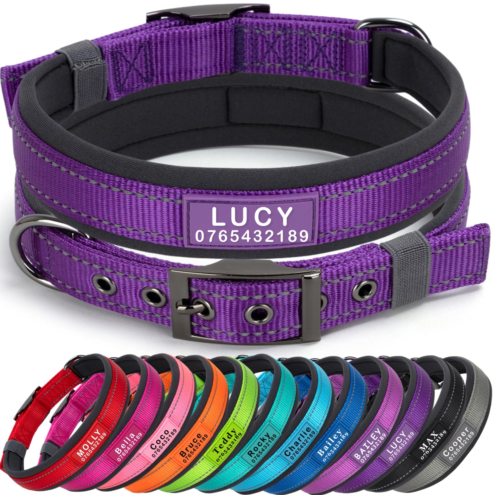 SEOUGEE Personalised Dog Collar with Name and Phone Number | Durable Metal Buckle | Ultra Wide Soft Neoprene Padded | Adjustable Reflective Dog Collar for Medium Large Dogs (L, Dark Purple 47-57cm)