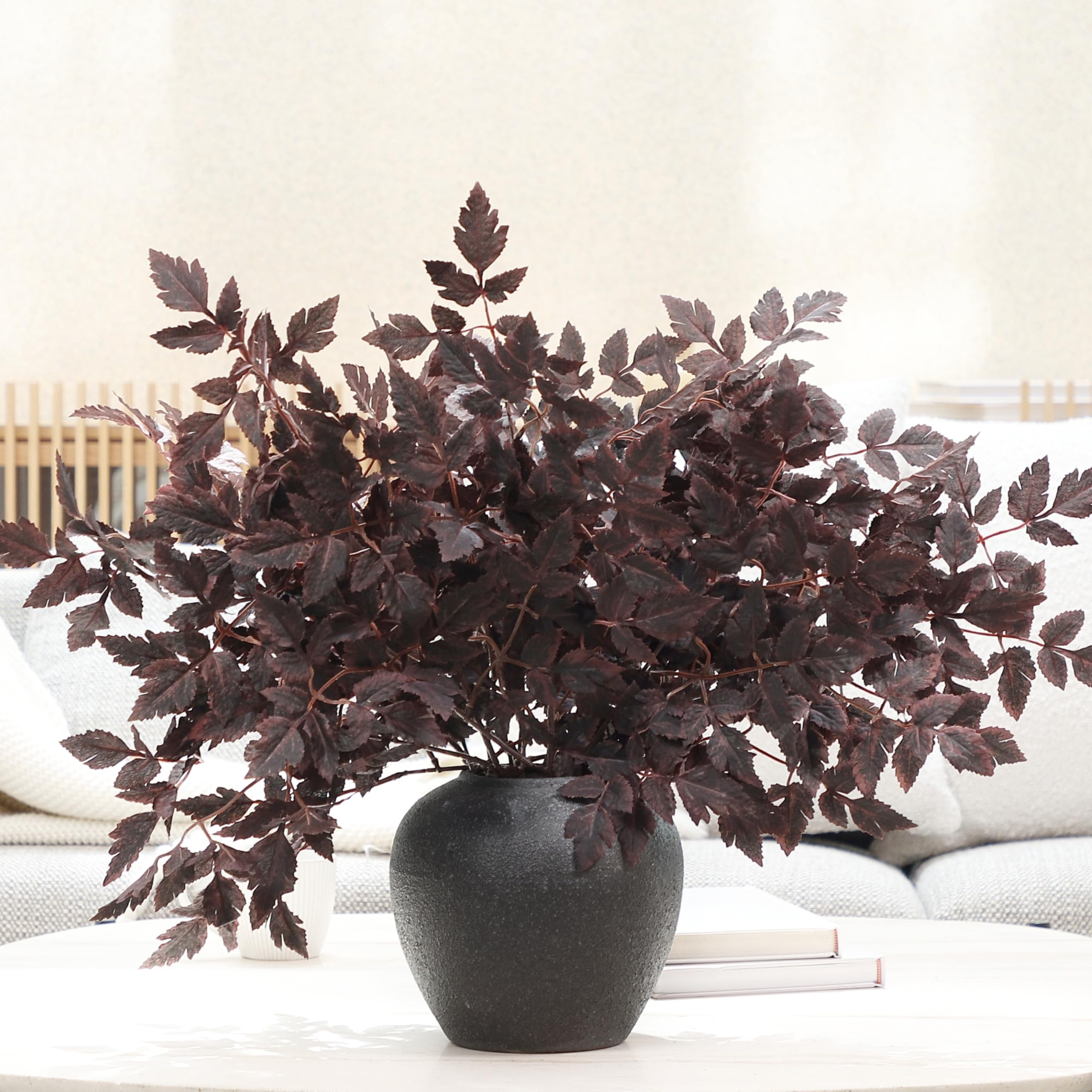 Perfnique Plum 6 Pack Artificial Cimicifuga Leaf Sprays, 24" Faux Ramosa Branches For Vase, Fall Floral Stems For Table Centerpiece, Farmhouse, Wedding, Or Mantel Decor