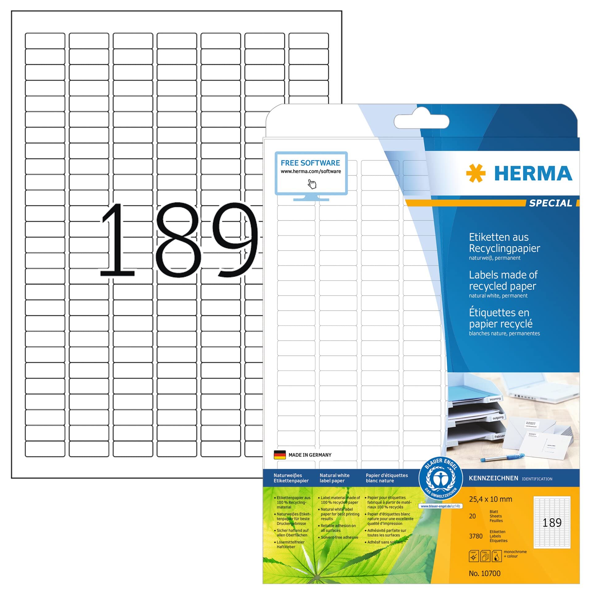 HERMA 10700 Labels, 200/Sheet, 20 Sheets, 25.4 x 10 mm, Natural White, Recycled Paper, Self-Adhesive, for Laser & Inkjet Printers, Blauer Engel Award