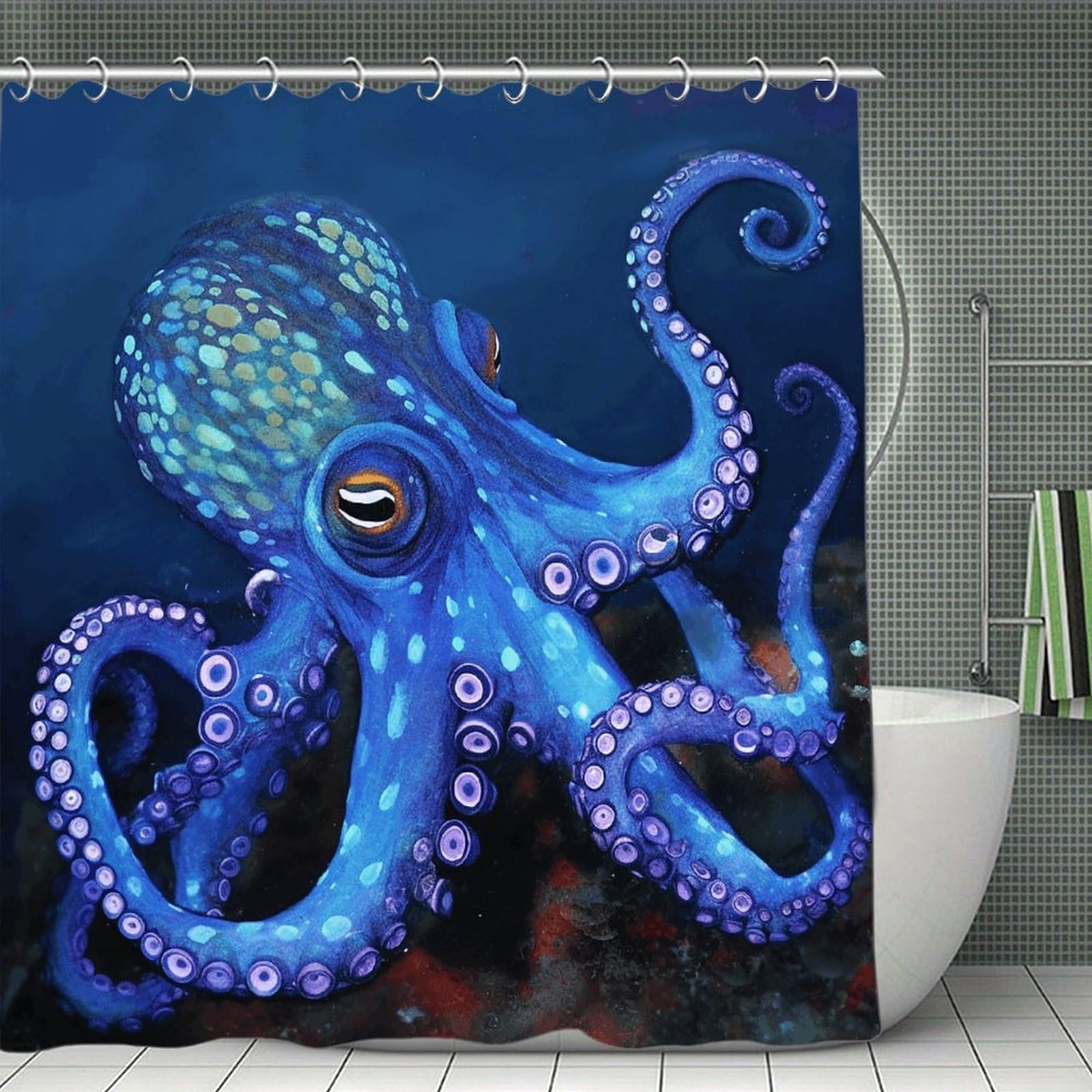 VstaDank Blue Octopus Bath Curtain Elegant Heavy Duty Shower Curtains 70x70 in Rustic Farmhouse Cloth Shower Curtains Neutral Modern Bath Curtain for Bathroom