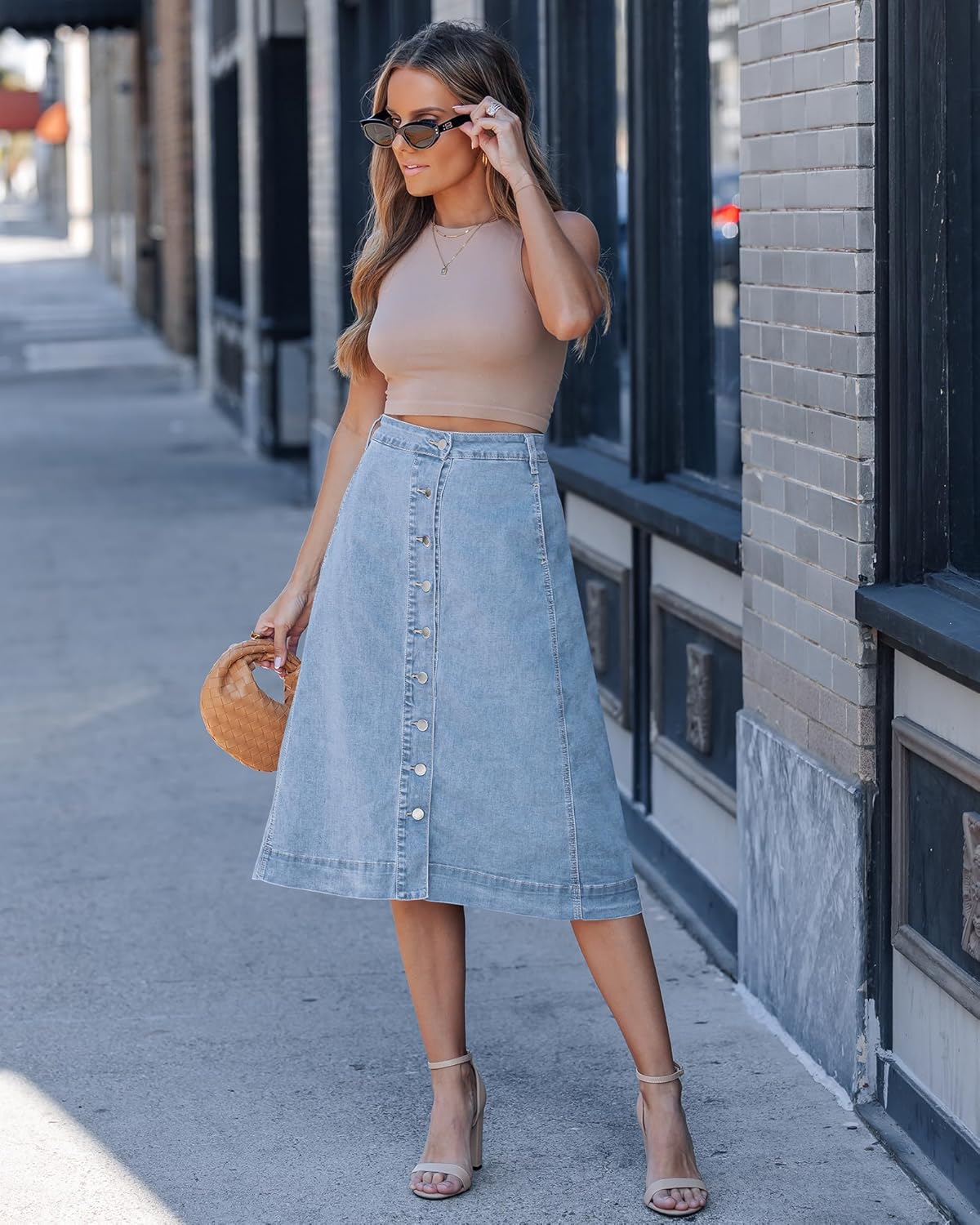 luvamia Jean Skirts for Women Trendy Midi Length A Line Western Casual Button Down Stretchy Denim Skirt with Pockets - Image 6