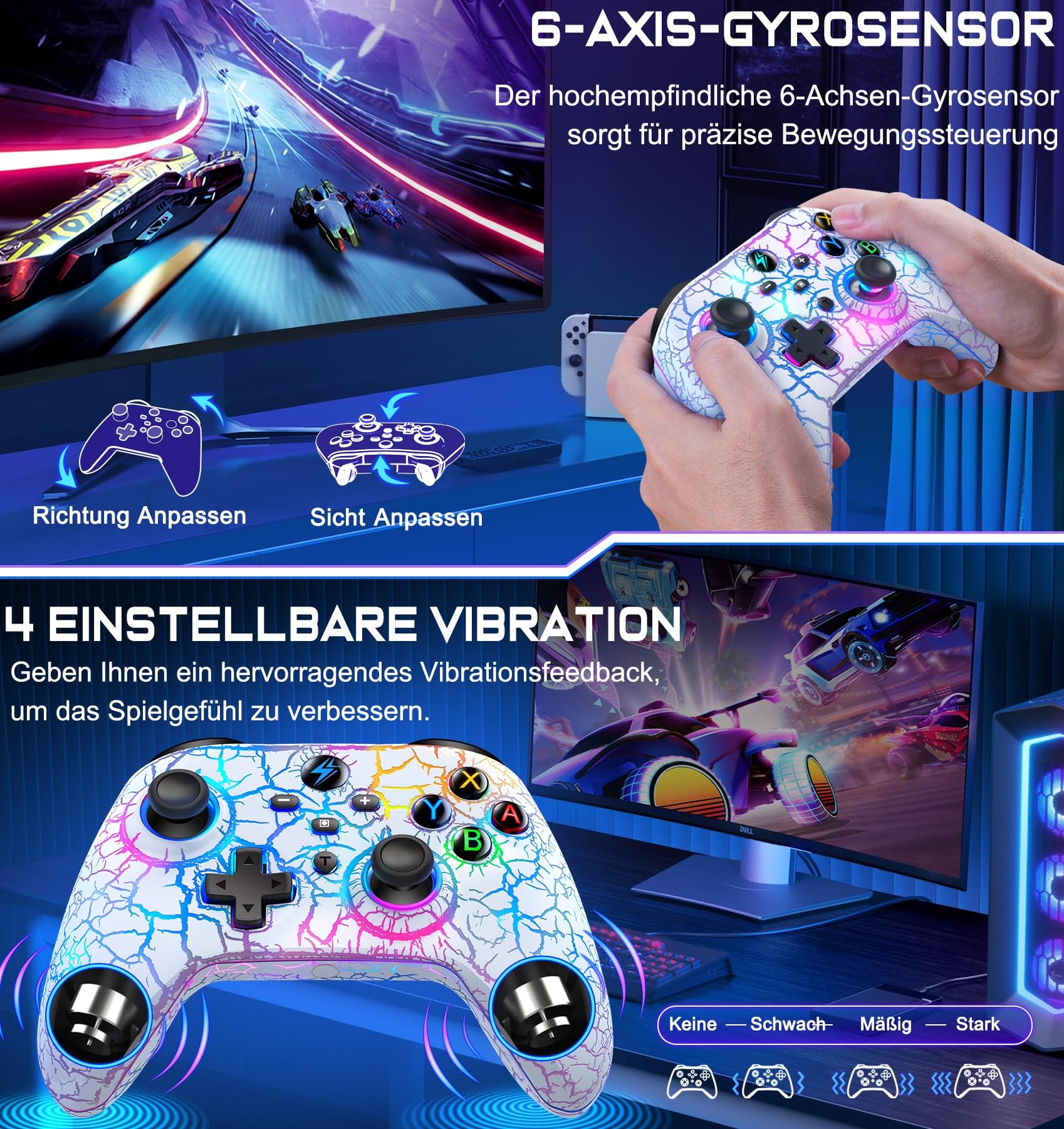 HASACOOL Switch Pro Controller Mit 2 Back Button Macro Programmierbar/Rissiges Design Lichter, 1000mAh für Switch/Lite/OLED, Kompatibel Mit Android/IOS/PC(Weiß)