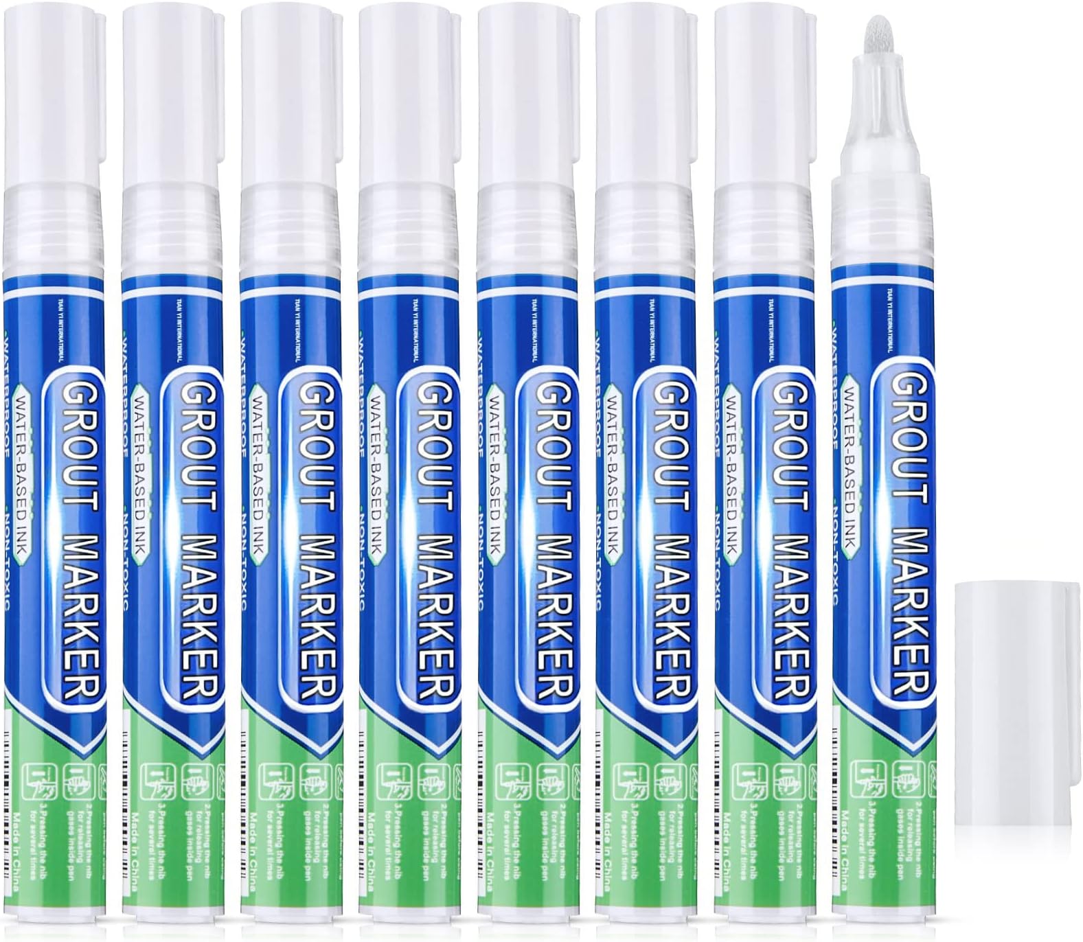 MAKINGTEC 8Pcs White Tile Paint Marker, Waterproof Grout Paint Pen, Tile Grout Colorant and Sealer Pen for Bathrooms Kitchen Porch Patio Repair Refresh (White, Wide 4.5mm Tip)