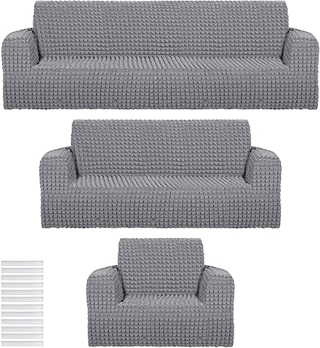Miniatura 1 de Juego de 3 fundas de sofá para sala de estar, fundas elásticas y lavables, para sofá biplaza o sofá de gran tamaño, alta elasticidad (gris claro)