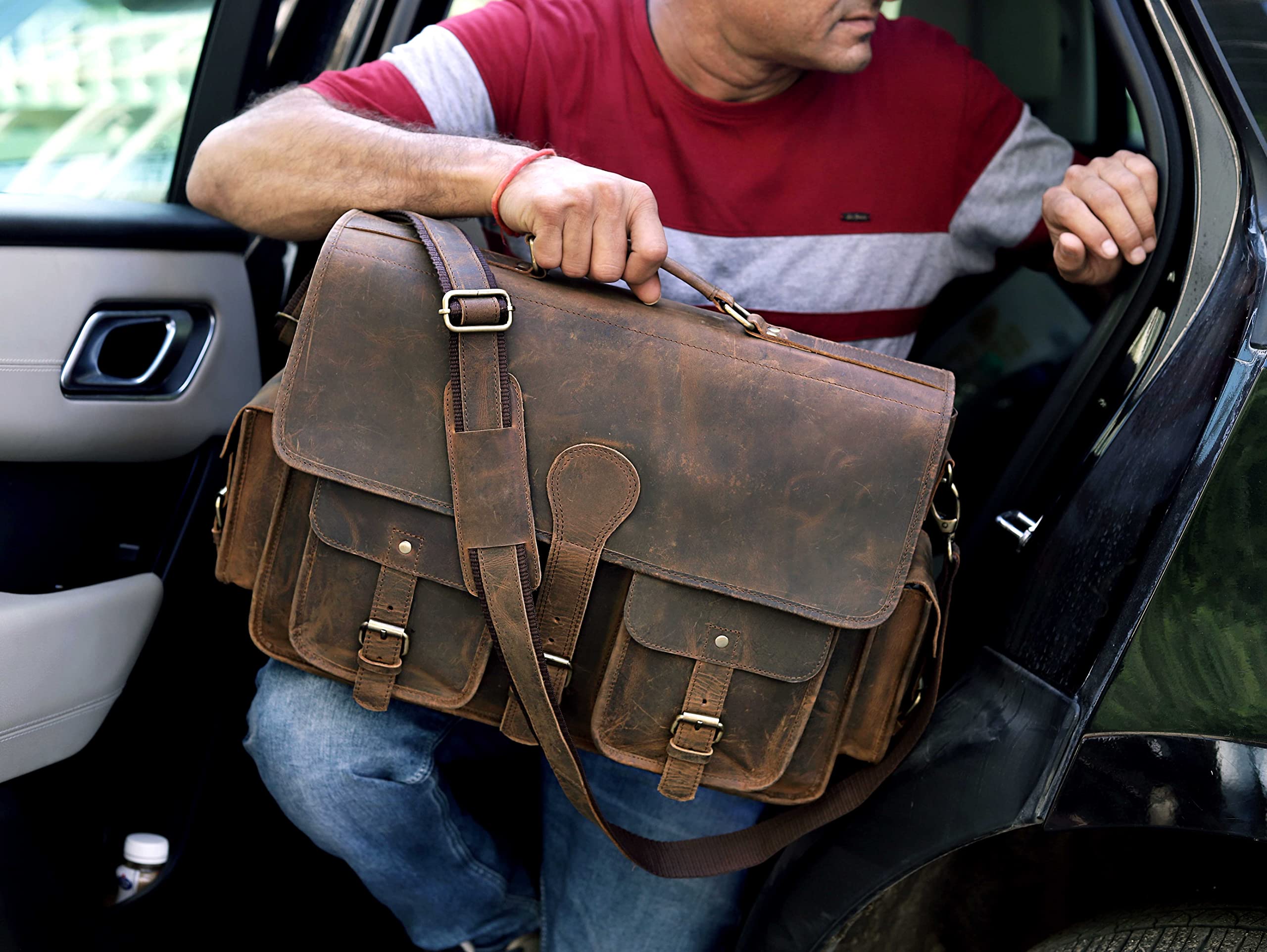 Ruzioon Leder-Kuriertasche für Damen und Herren, Leder, Laptop-Aktentasche, Ledertasche, für Büro und Business, braun, Large