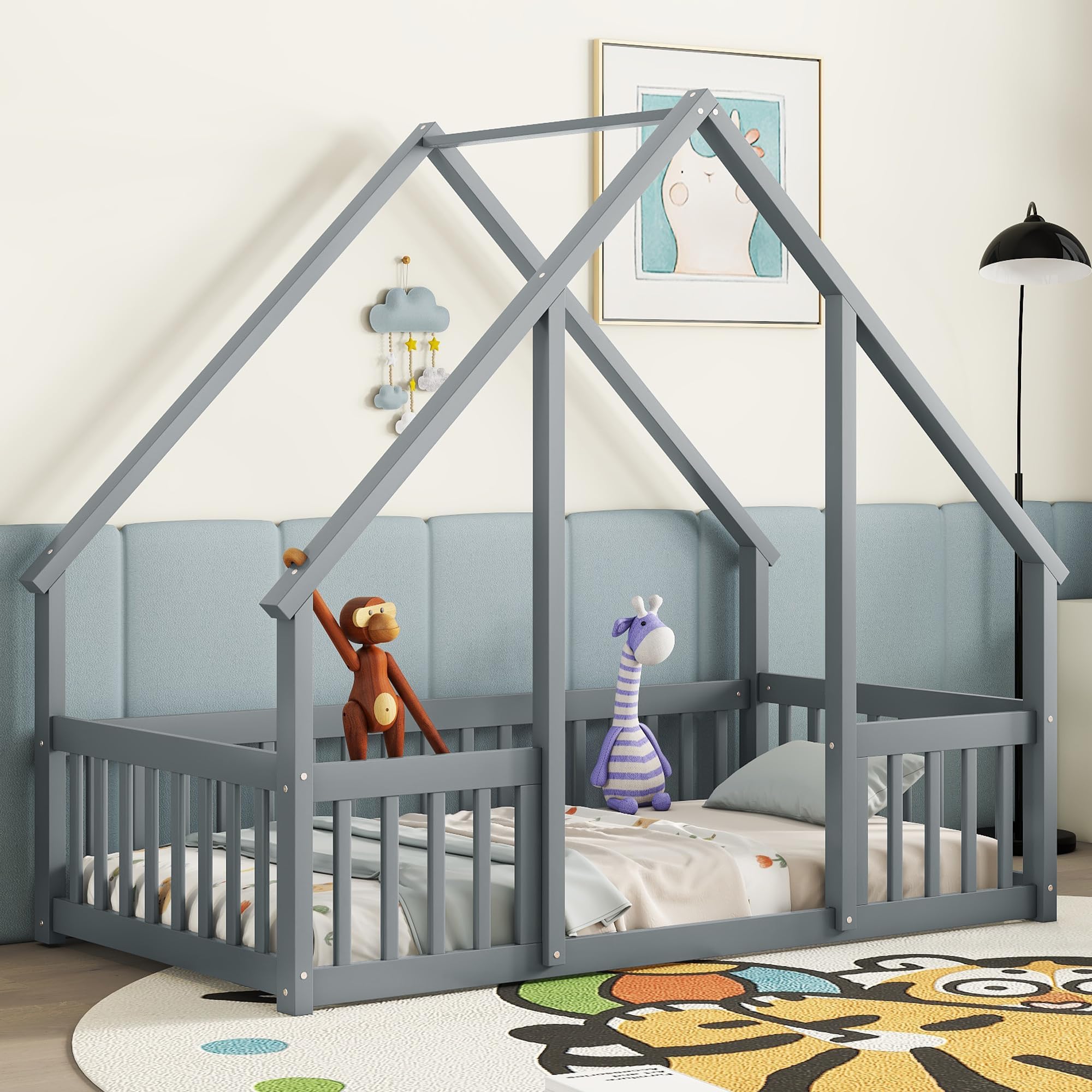 Bellemave Twin Floor Bed for Kids, Girls, Boys, Wood House Bed Frame, House Floor Bed, Twin Size Montessori Floor Bed with Fence, Playhouse, Gray
