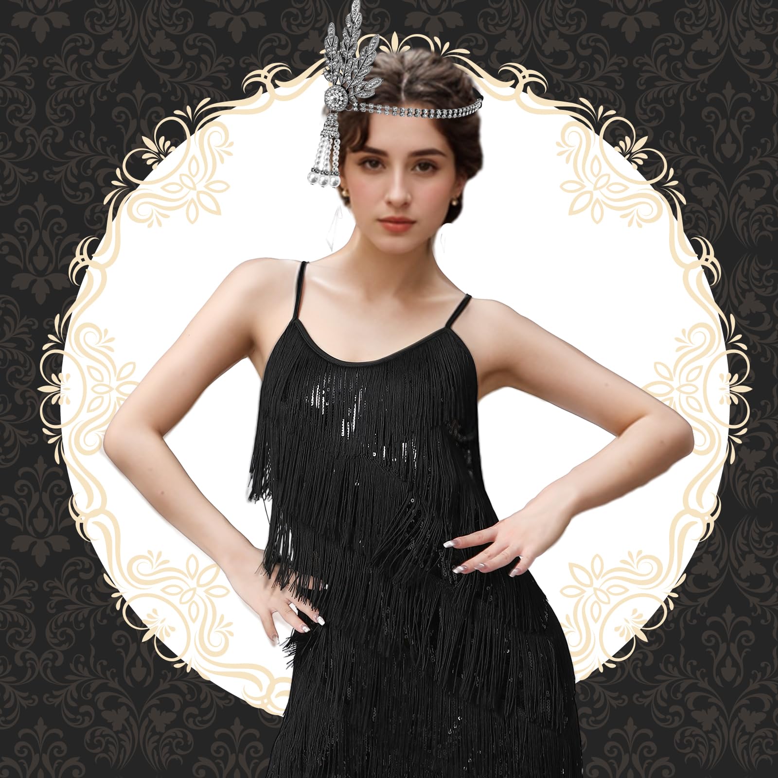 PLULON Robe années 1920 Gatsby à sequins à franges vintage pour femme Robe de soirée cocktail avec accessoires années 20 Costume pour soirée bal