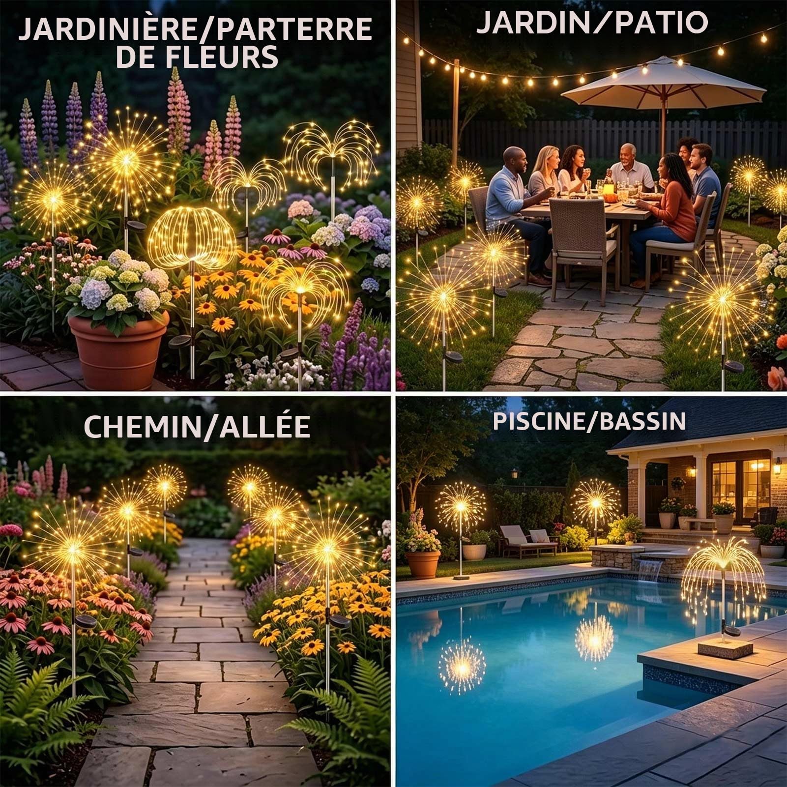 Joycome Lampe Solaire Exterieur 4 Pièces 120 LED Feux d'artifice Solaires | 8 Modes Lumière Solaires Extérieure IP65 Étanche pour Jardin Balcon Allée Terrasse Patio Cours Décoration(Blanc Chaud)