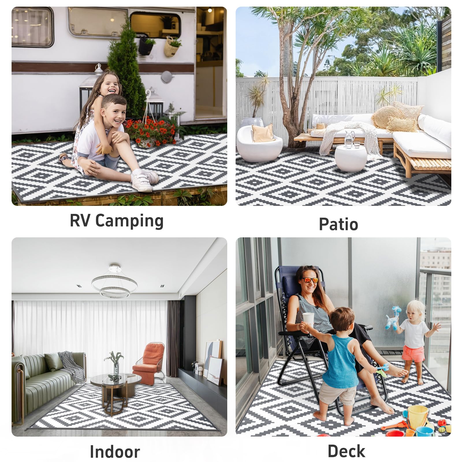 Tapis d'extérieur résistant aux intempéries, réversible, pour balcon, 240 x 300 cm, léger, couverture de pique-nique, auvent, pour camping, terrasse, jardin, gris