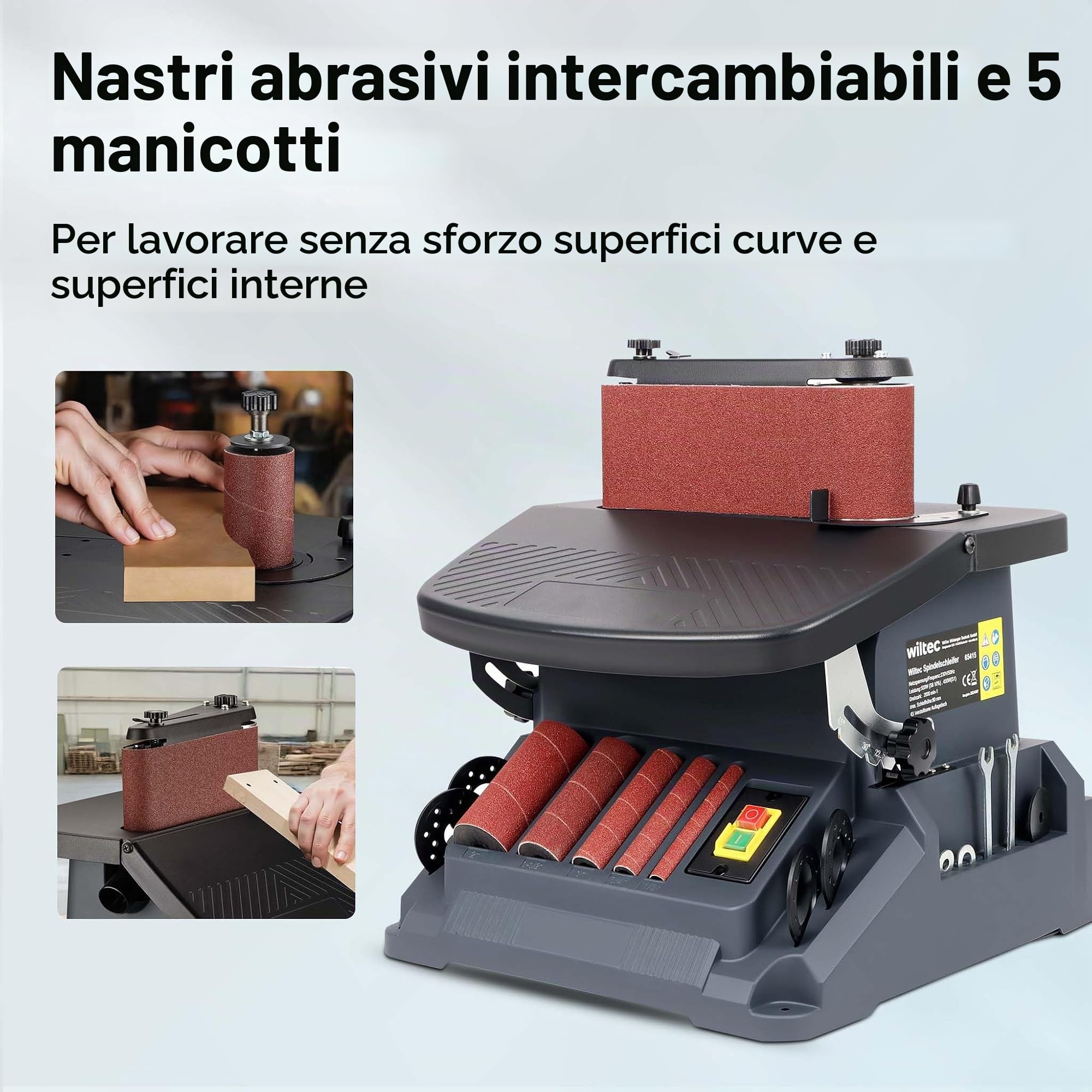 Wiltec Levigatrice a mandrino oscillante 500 W, 2000/min, funzionamento a rullo e a nastro, con 5 bussole, Smerigliatrice