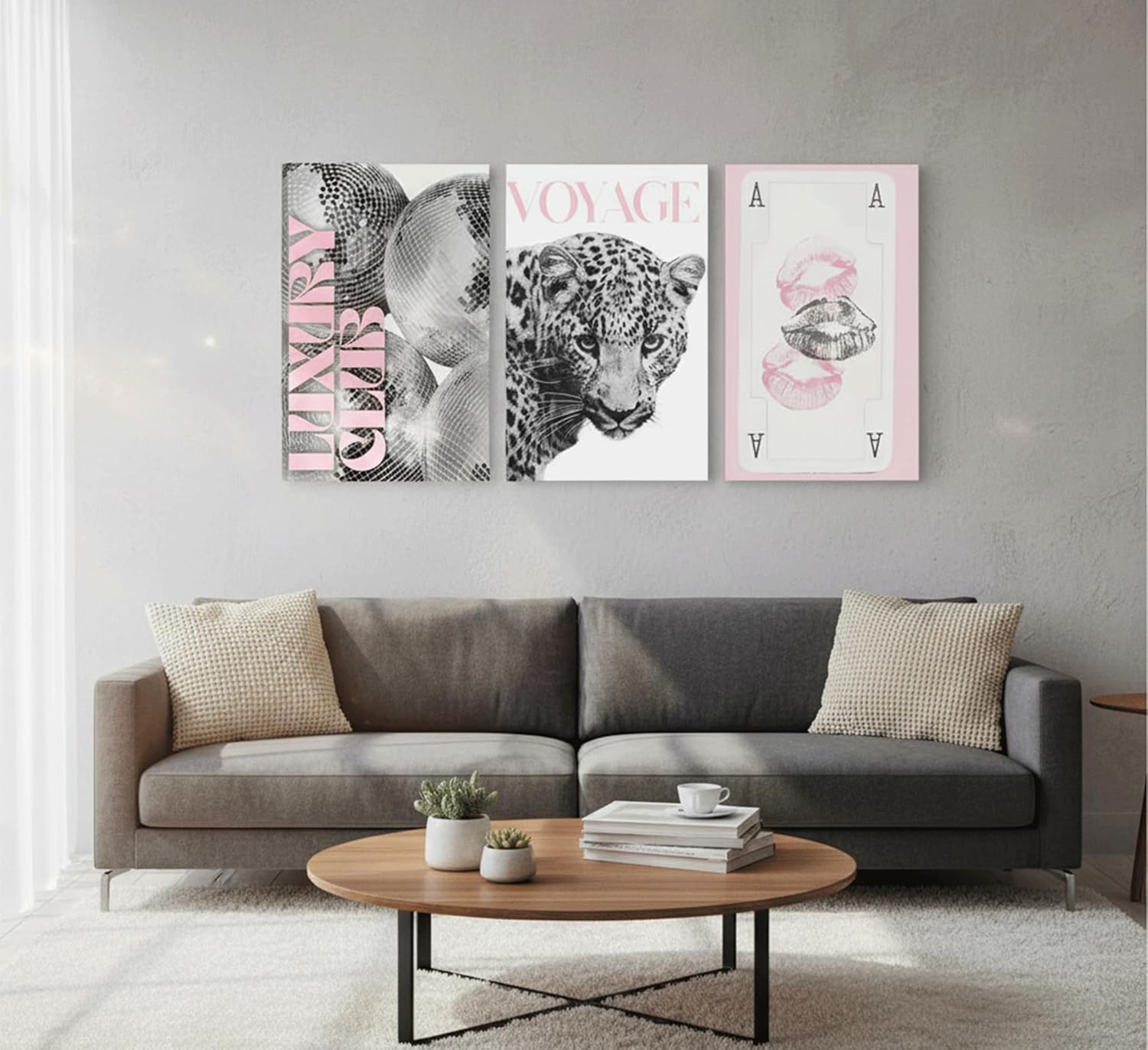 3pcs Pink Fashion Leopard Canvas Wall Art,Black and White Cheetah Pattern Printing Poster pictures,Funny Playing Card Lip Disco Ball wall decor for Girls' Room Living Room Bedroom 24x16in Framed