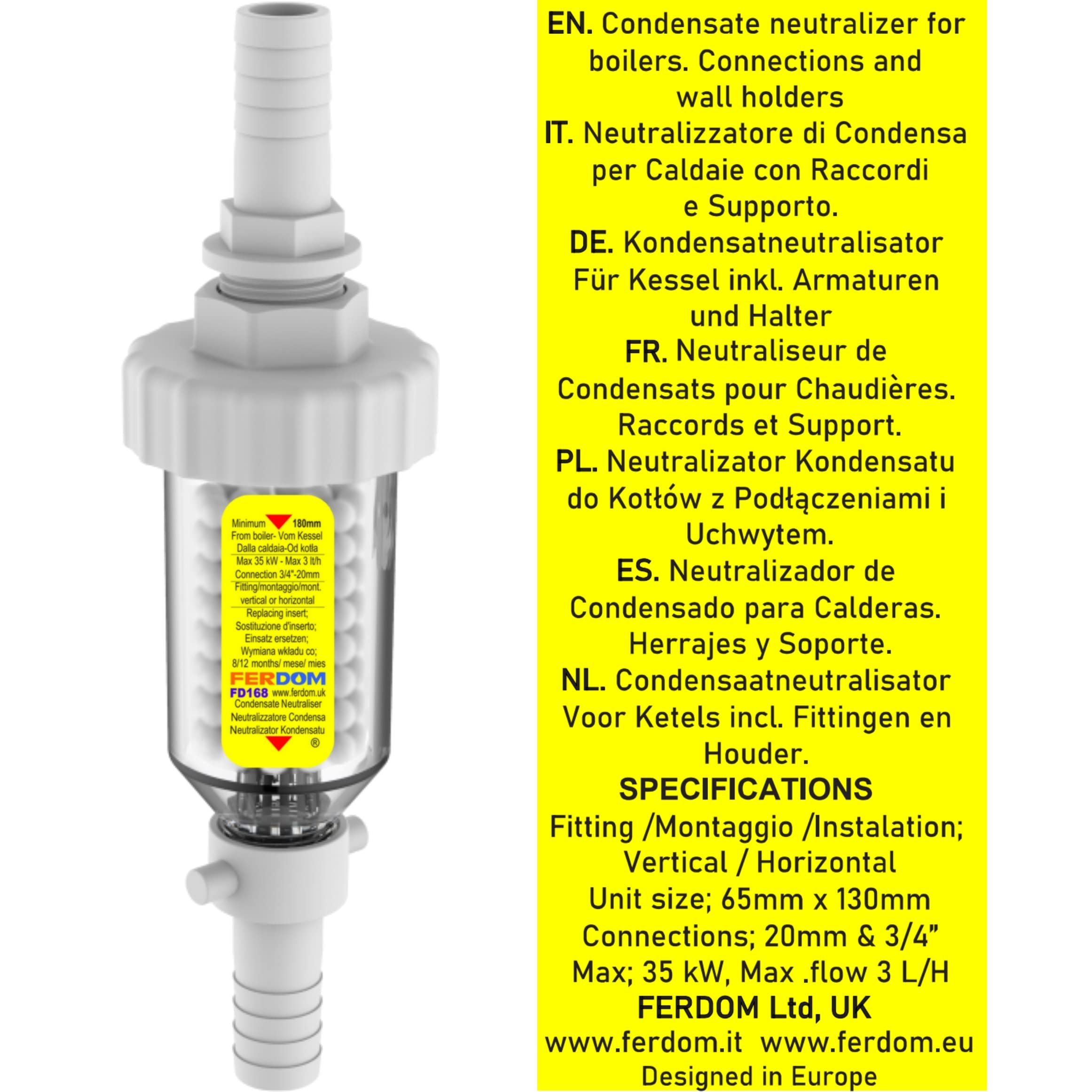 FERDOM FD168 Neutralizzatore Di Condensa Di Caldaia, Ricaricabile, Dimensione Mini. Per Le Caldaie A Condensazione Fino A 35 kW. Fissaggio Orizzontale O Verticale Al Tubo Di Condensa. Facile Fai-Da-Tè
