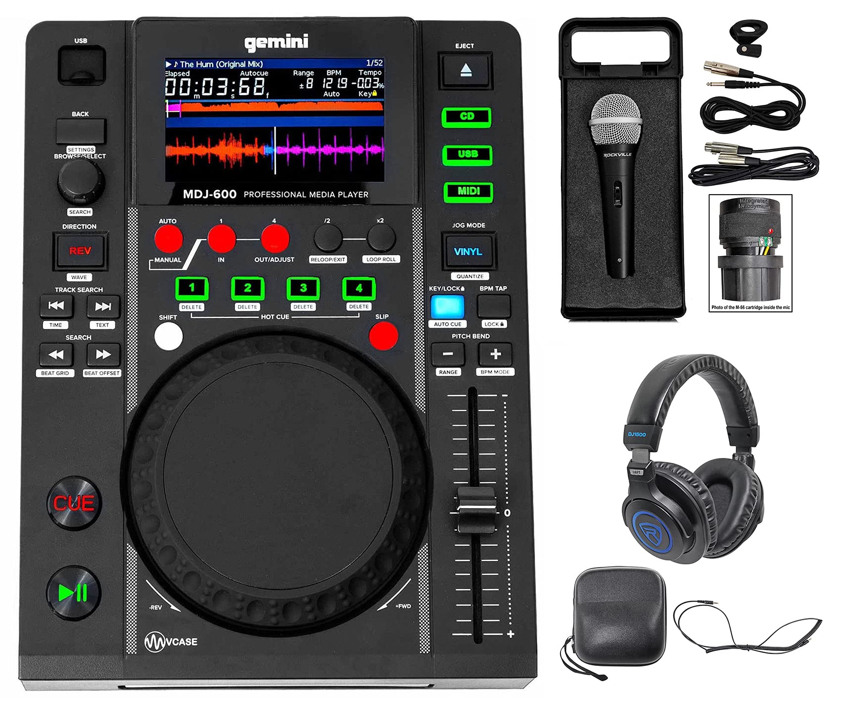 Audiosavings Bundle: Rockville DJ1500 Headphones w/Cable Bundle with Gemini MDJ-600 Single Tabletop Media Player MIDI Controller LCD & Rockville RMC-XLR High-End Wired Microphone (3 Items)