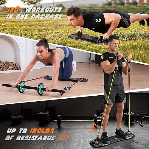 Miniatura 5 de LALAHIGH Portable Home Gym System Large Compact Push Up Board, Pilates Bar & 20 Fitness Accessories with Resistance Bands & Ab Roller Wheel - Full