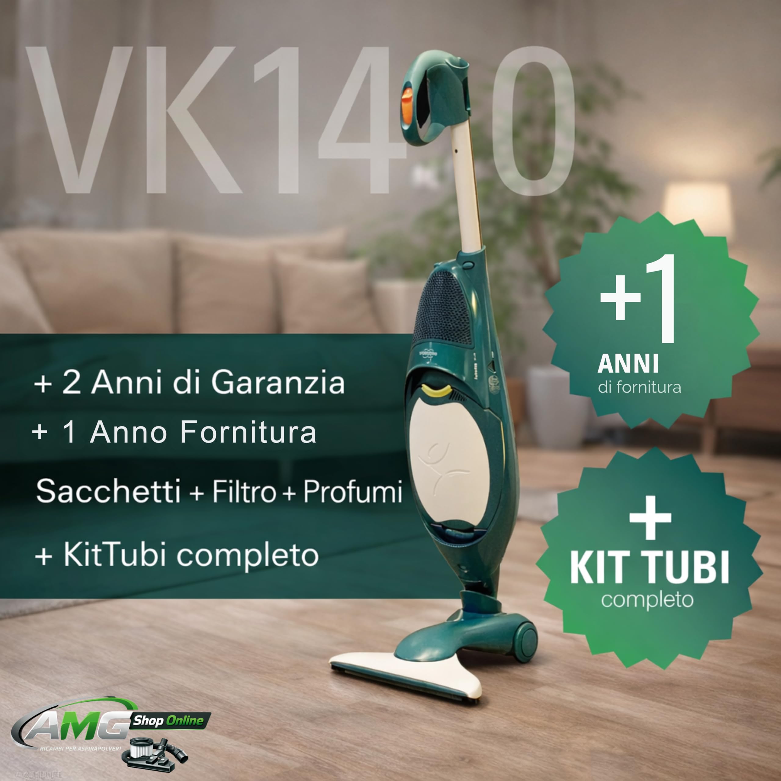 Aspirapolvere VK140 FOLLETTO + Spazzola HD40 + 6 Sacchetti, Sacco 2,5L, Filtri e Profumini Inclusi, Motore Originale, 74 dBA, 3 kg, Garanzia 2 Anni