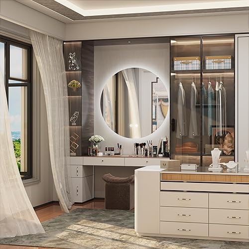 Miniatura 2 de Espejo LED redondo de 32 pulgadas, espejo redondo retroiluminado, espejo redondo con luz, espejo de baño LED, brillo ajustable, desempañador