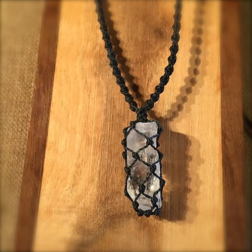 Miniatura 4 de Men's Surfer Necklace with Tumbled Quartz Stone and Hematite in Black - Handmade Knotted Macrame Healing Stone Jewelry