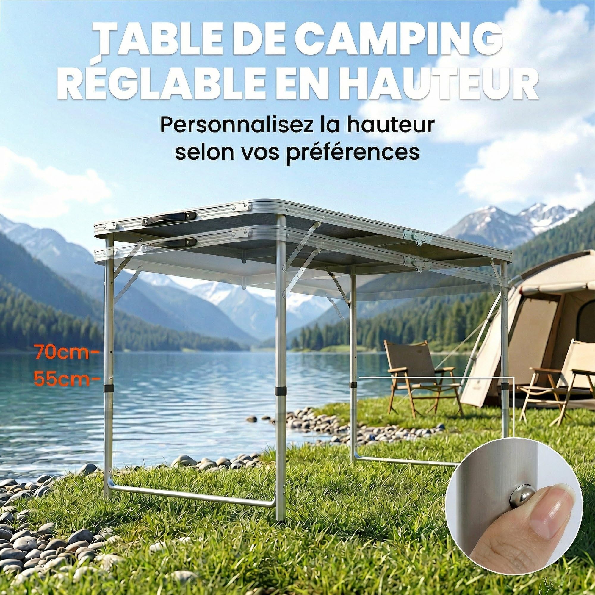 Outsunny Ensemble Table et Chaise de Camping Pliantes 5 pièces, Table à Hauteur Ajustable avec 4 chaises Pliantes, avec Trou de Parasol, Gris foncé