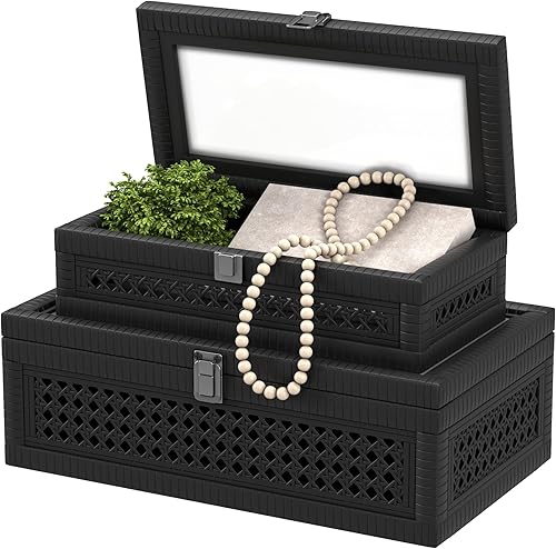 Miniatura 10 de Caja Decorativa de Ratán, Cajas de Exhibición Boho con Tapas, Juego de 2 Almacenamiento Decorativo Rectangular de Mimbre, Contenedores de Caña Caqui