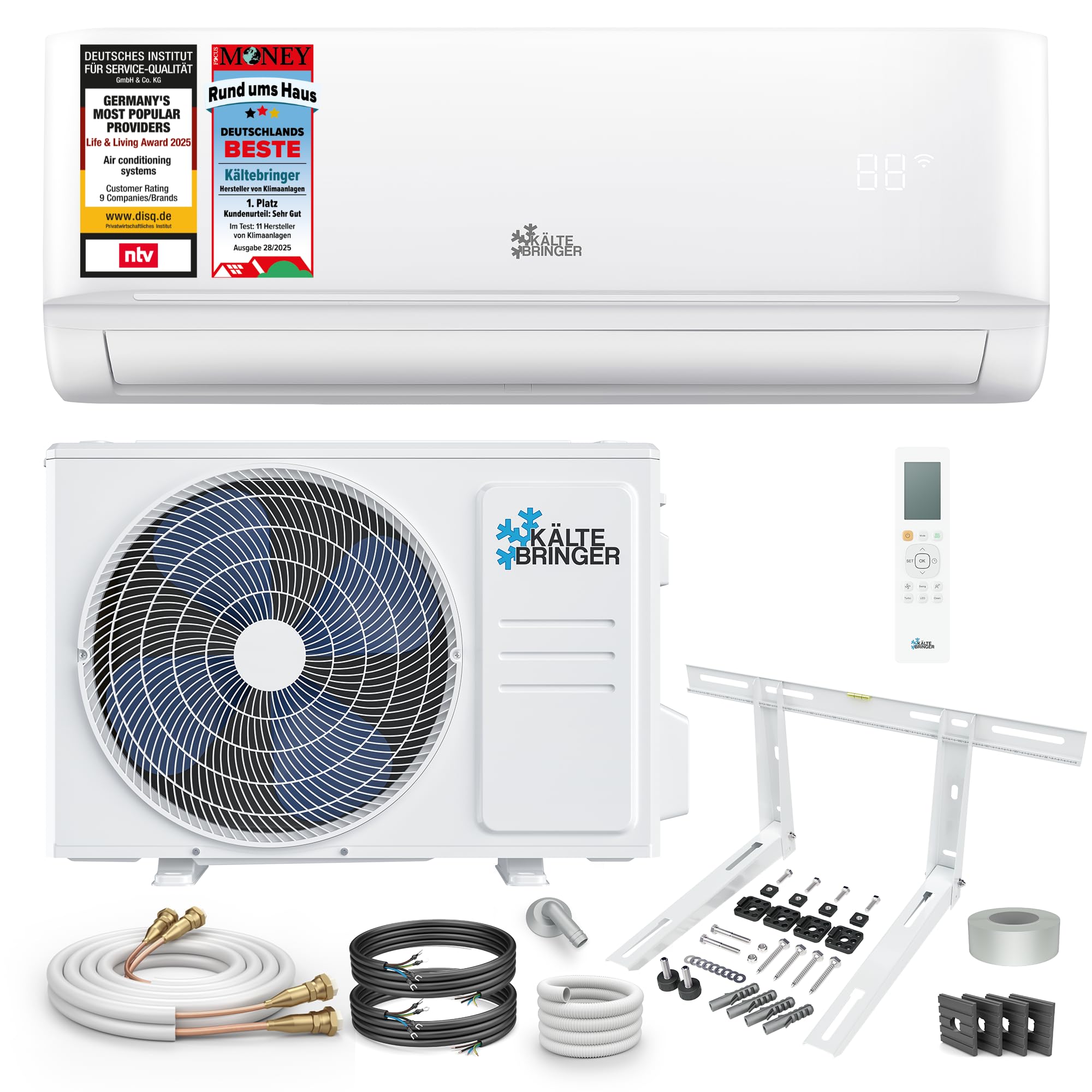 Kältebringer Climatiseur Split Réversible Prêt à Poser, 12000 BTU/h (3,5 kW), Gaz Préchargé, Wi-Fi/Application, Refroidissement A++ / Chauffage A+, Réfrigérant R32, Support Mural Inclus