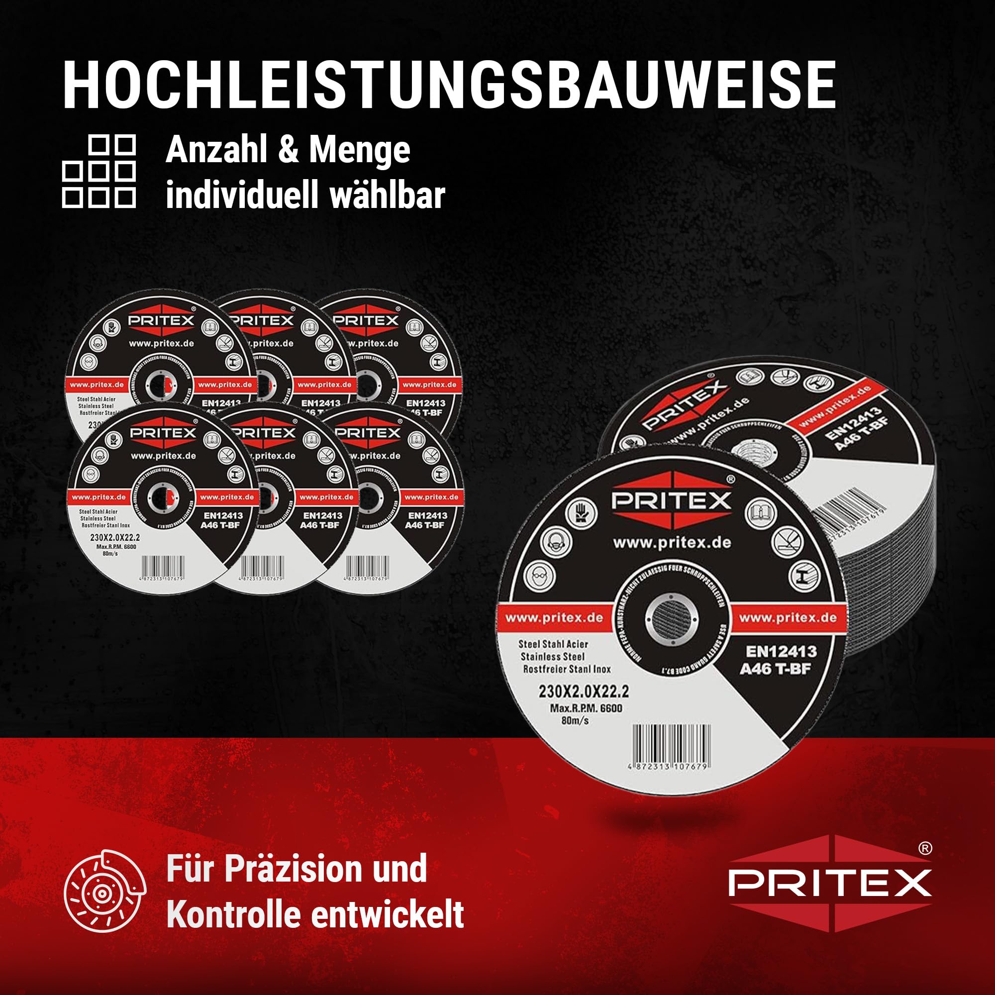 PRITEX – 50 Stück Profi Trennscheiben 230 x 2.0 mm Metall – gerade Flexscheiben zum Schneiden von Stahl, Edelstahl & Blech – Inox Schneidscheiben für alle gängigen Winkelschleifer geeignet