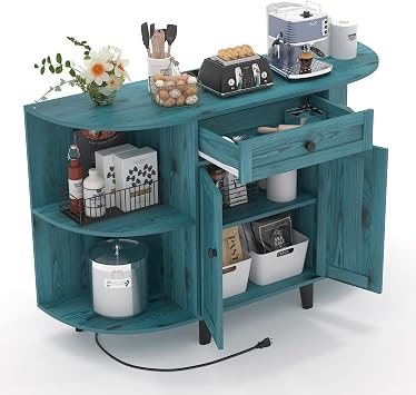 52" Sideboard Buffet Cabinet with Power Outlet,Coffee Bar Cabinet with Storage, 3 AC Outlets & 2 USB Ports,Kitchen Storage Cabinet with Drawer and Doors for Dining Room,Vintage Blue