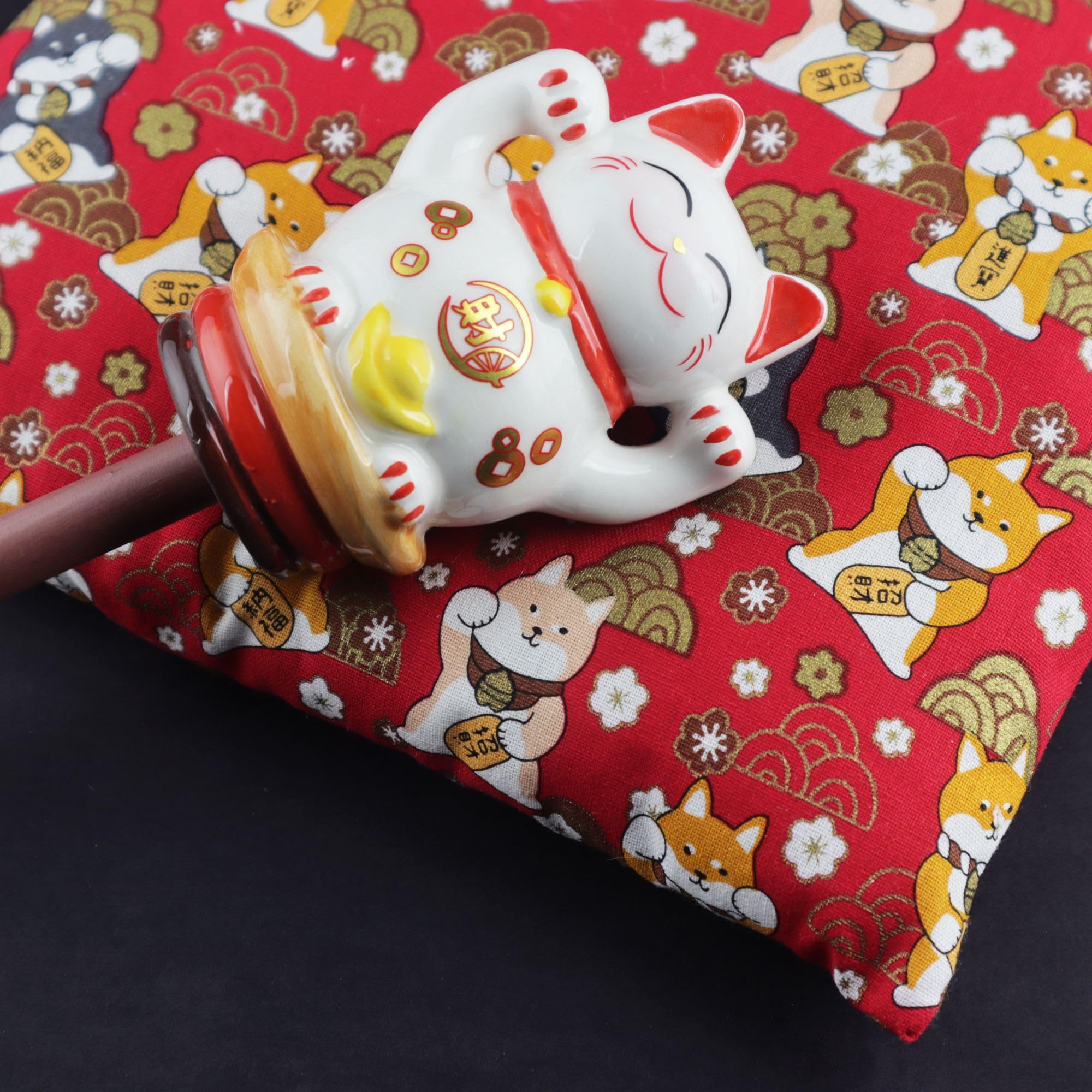 Freak Scene Agitando Gato Chino Maneki-Neko Corona Porcelana 26cm Gato Saludando Blanco Lucky Cat