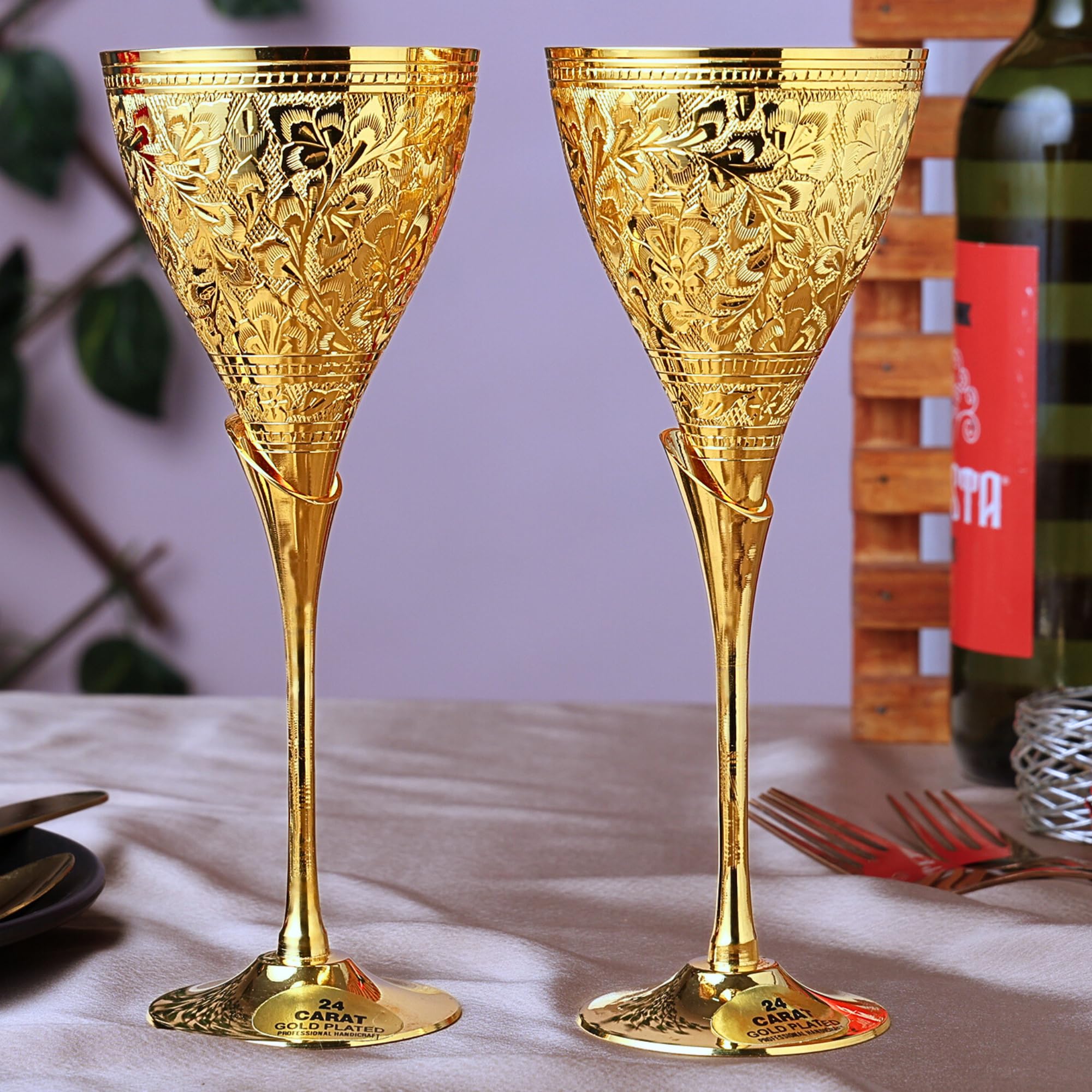 24K Gold Plated Wedding Champagne Flutes for Bride & Groom Toasting Glass, Brass Wine Goblet Metal Chalice Communion Cup, Gift for Engagement Couple, Marriage Anniversary, Clients- Set of 2 Margarita