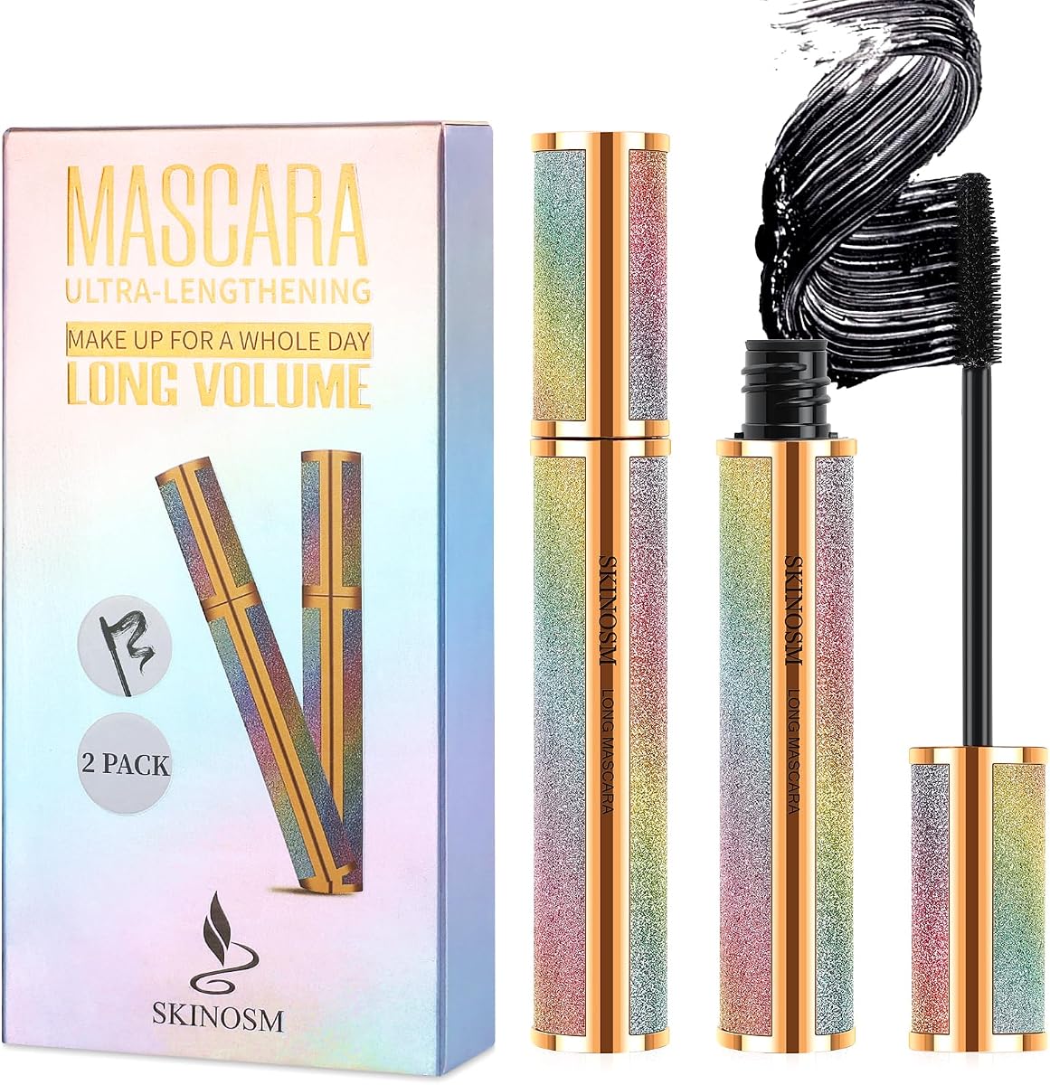 2 Pack Black Volume & Length Lasting All Day Mascara, 4D Silk Fiber Lash, Waterproof Lengthening No Clumping & Smudging
