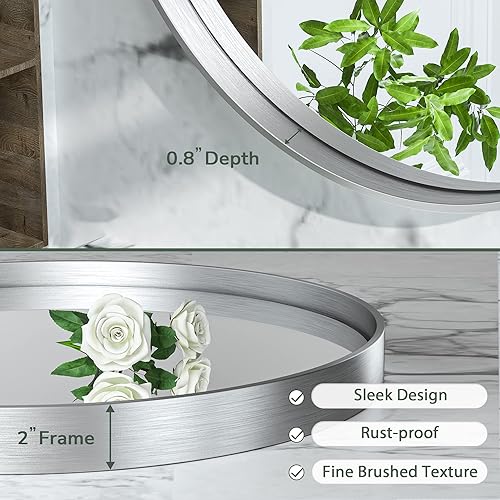 Miniatura 4 de TokeShimi - Espejo redondo para pared de baño, con marco de metal de aleación de aluminio inoxidable, plateado cepillado, combina con un estilo