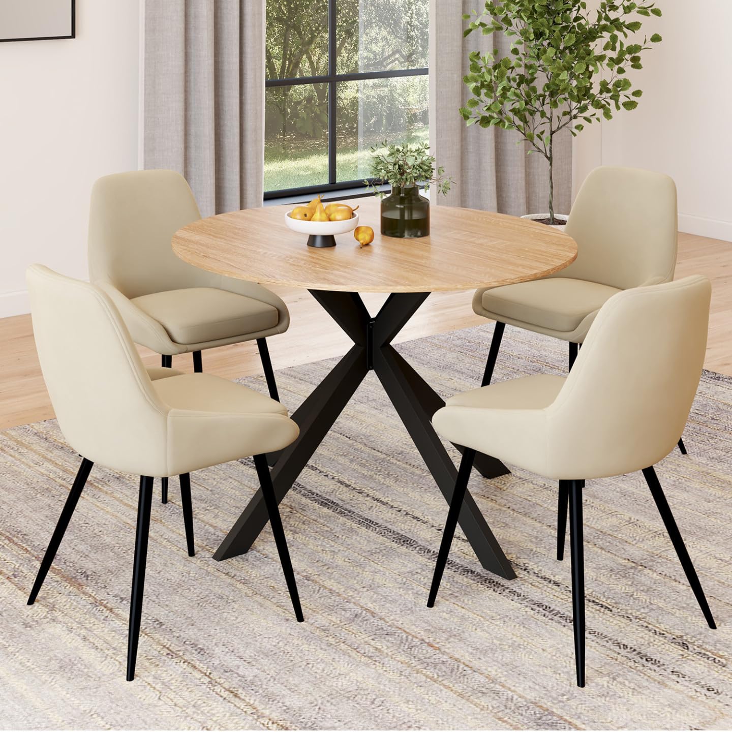 Table à Manger Extensible Ronde Alix Bois et Noir 110-150 cm avec 4 Chaises THALYA Velours Beige