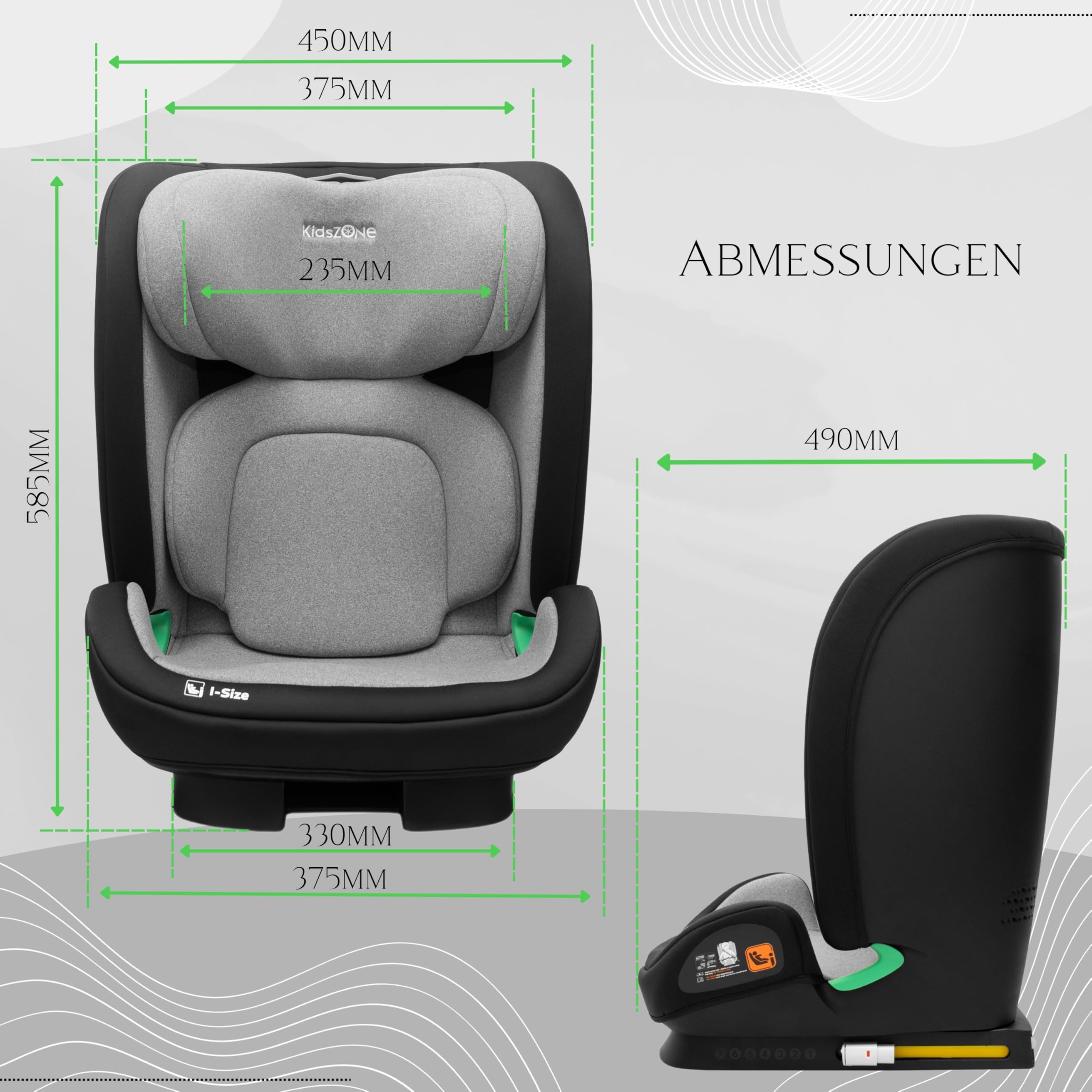 KidsZone Kindersitz 15–36 kg mit Isofix – Kinderautositz Gruppe 2/3, 100–150 cm – Kindersitz ab 4 Jahre i-Size ECE R129 – 7-stufige Neigung, 9-stufige Kopfstütze, waschbarer Bezug
