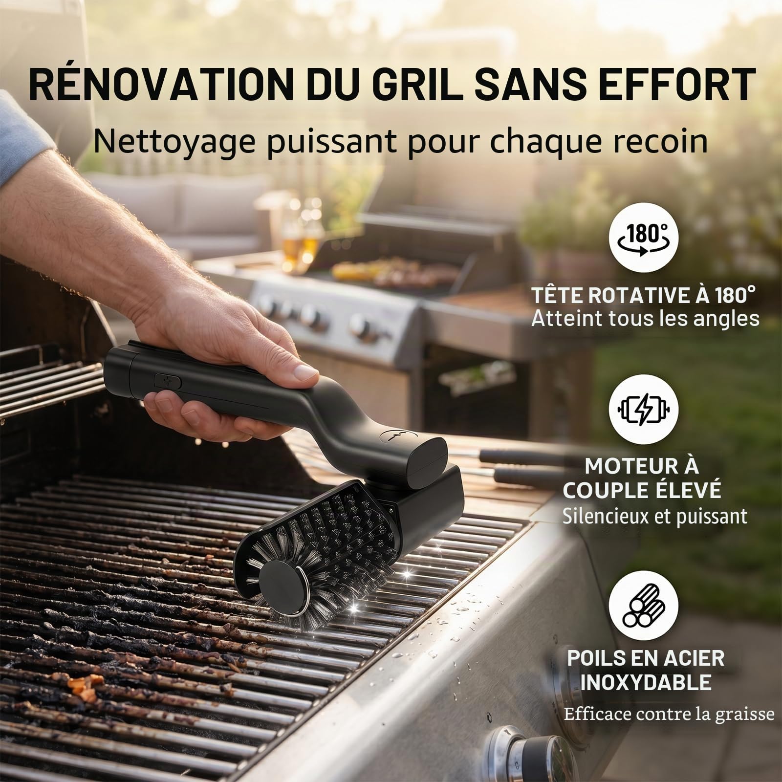 Brosse électrique pour barbecue, fonctionnant sur batterie, angle réglable à 180°, nettoyage en 3 étapes, tête de brosse en acier inoxydable, autonomie de 90 min, pour barbecue à gaz, barbecue au