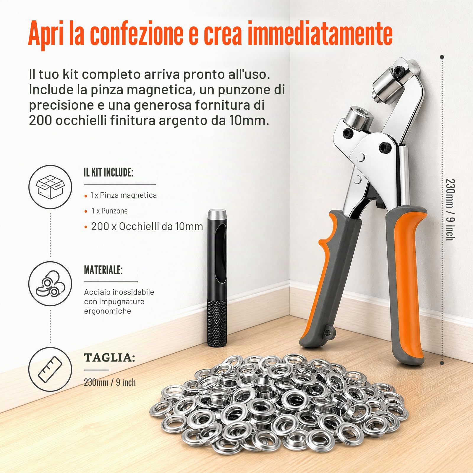 Pinza per occhielli, con 10 mm con 100 occhielli argentati, Kit di riparazione professionale con punzone nero – Per tessuto, cuoio, telone, tela da tenda, tende da sole