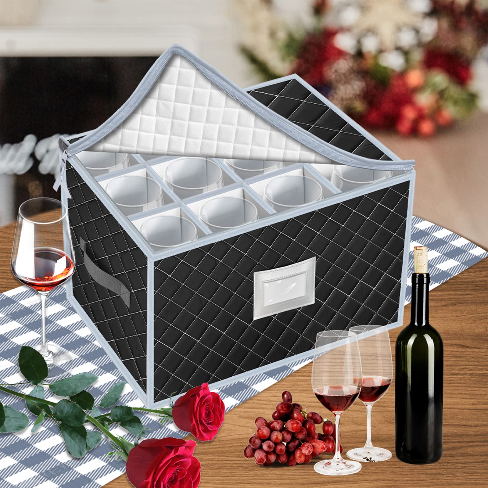 Caja de Almacenamiento de Copas de Vino, Conjunto de 2 Piezas Cajas de Almacenamiento de Stemware para 24 Copas, Con Ventana Etiquetada, Ideal Para Cocina, Bodega y Coche (Negro)