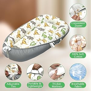 Baby Lounger for Newborn, Baby Nest Cover Breathable and Soft Cotton, Infant Lounger with U-Shaped Safety Bumper for Cozy Comfort Essentials (Dinosuars)