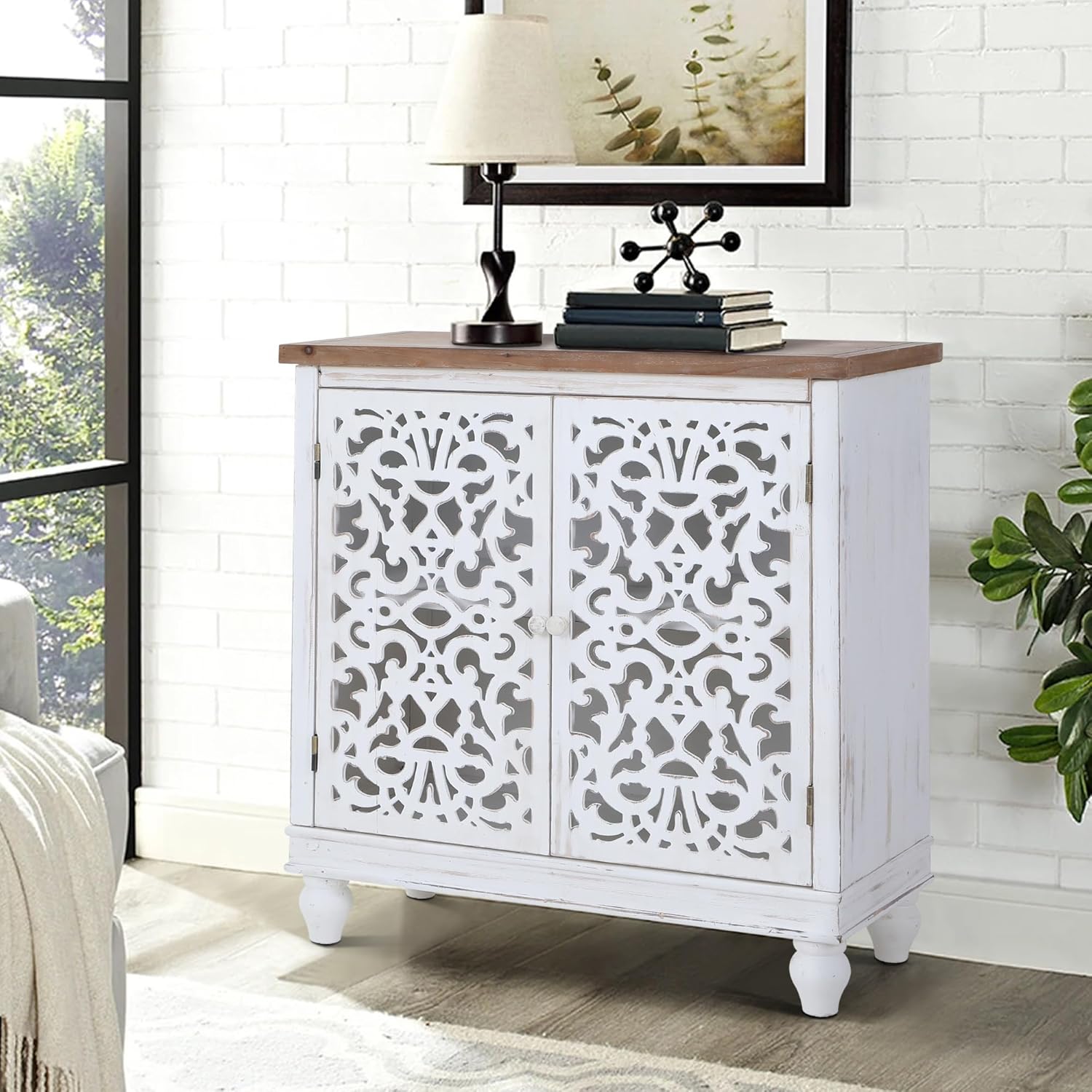 MAISON ARTS White Accent Cabinet with 2 Doors, Farmhouse Distressed Storage Cabinet, 33"W x 15"D x 34"H