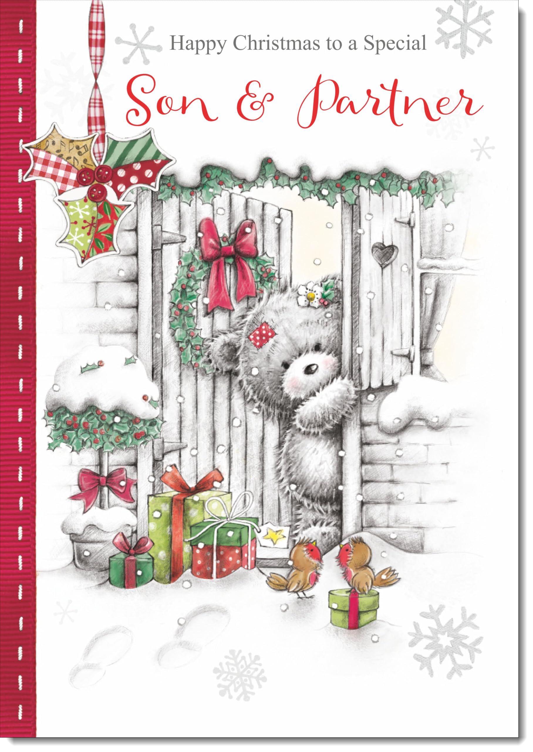 doodlecards Son and Partner Christmas Card Grey Bear in Snow Large A4 Size Christmas Card for Son & Partner with Plain Envelope — image 1