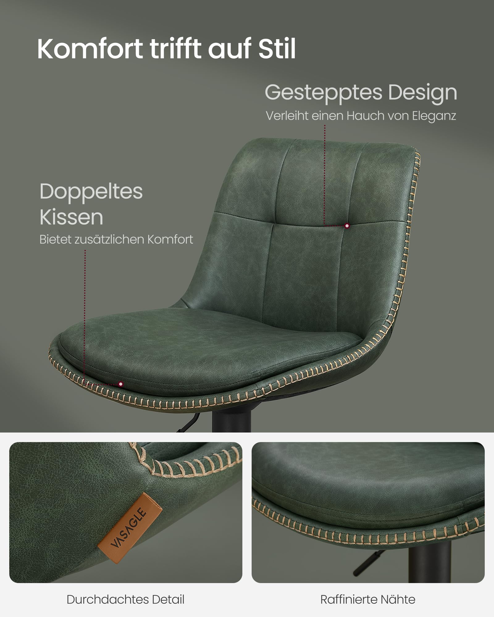 VASAGLE Barhocker 4er Set, Barstühle höhenverstellbar, drehbare Küchenhocker, gesteppter PU-Bezug, mit Rückenlehne und Fußstütze, Esszimmer, Theke, Stahl, waldgrün LJB295C01