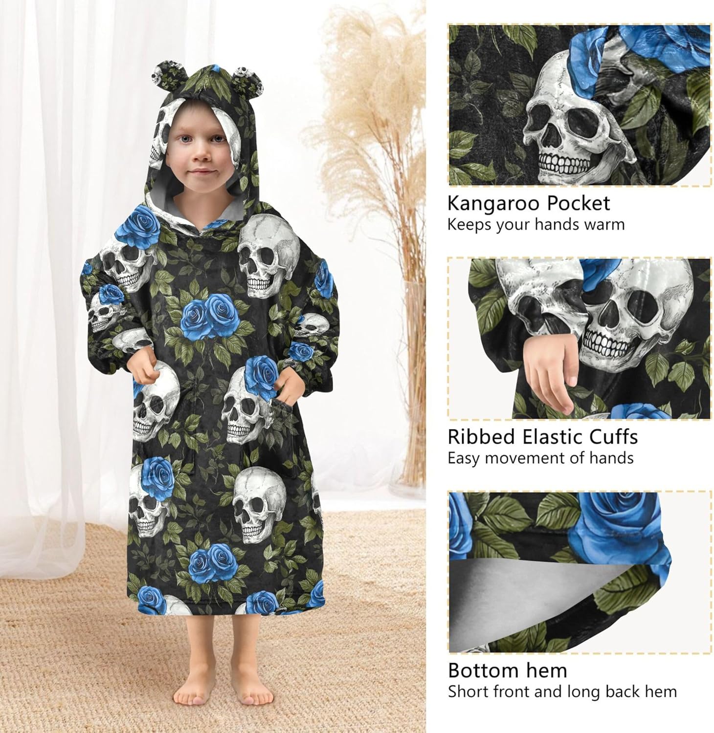 Skull Flower Kids Wearable Blanket Hoodie with Pocket and Sleeves for Toddlers, Cute Hoodies 3-14 Year Girls Boys