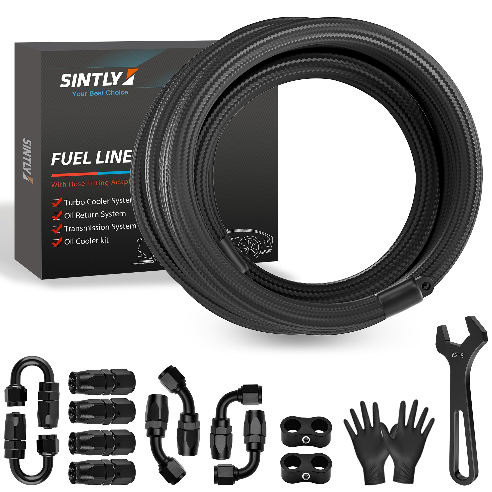 SINTLY 8AN 20FT Fuel Line Hose Kit, AN8 CPE Nylon Stainless Steel Braided Fuel Line with 10PCS Swivel Fuel Hose Fitting Adapter Kit Black