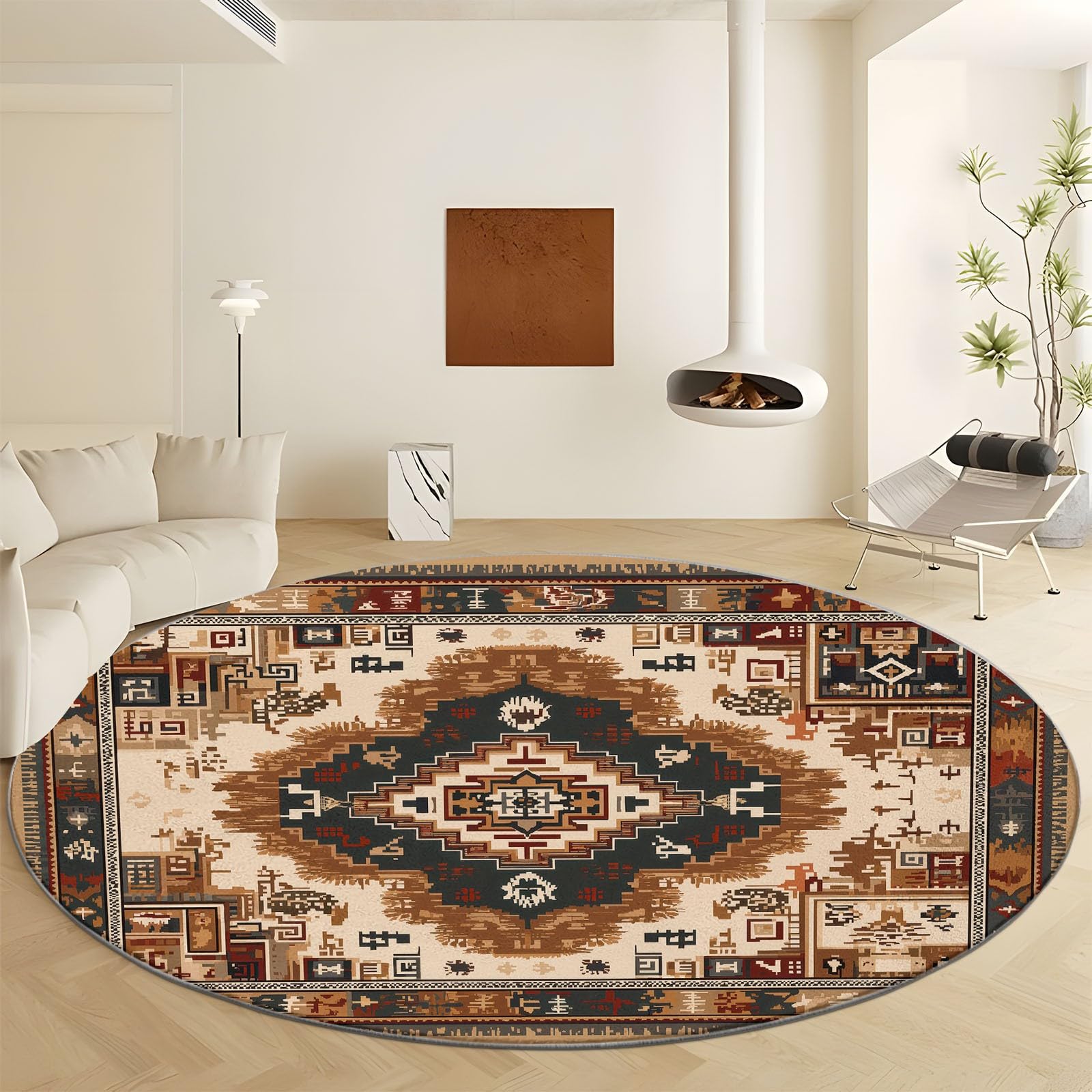 Tapis salon beige rond 180 cm lavable style bohème géométrique