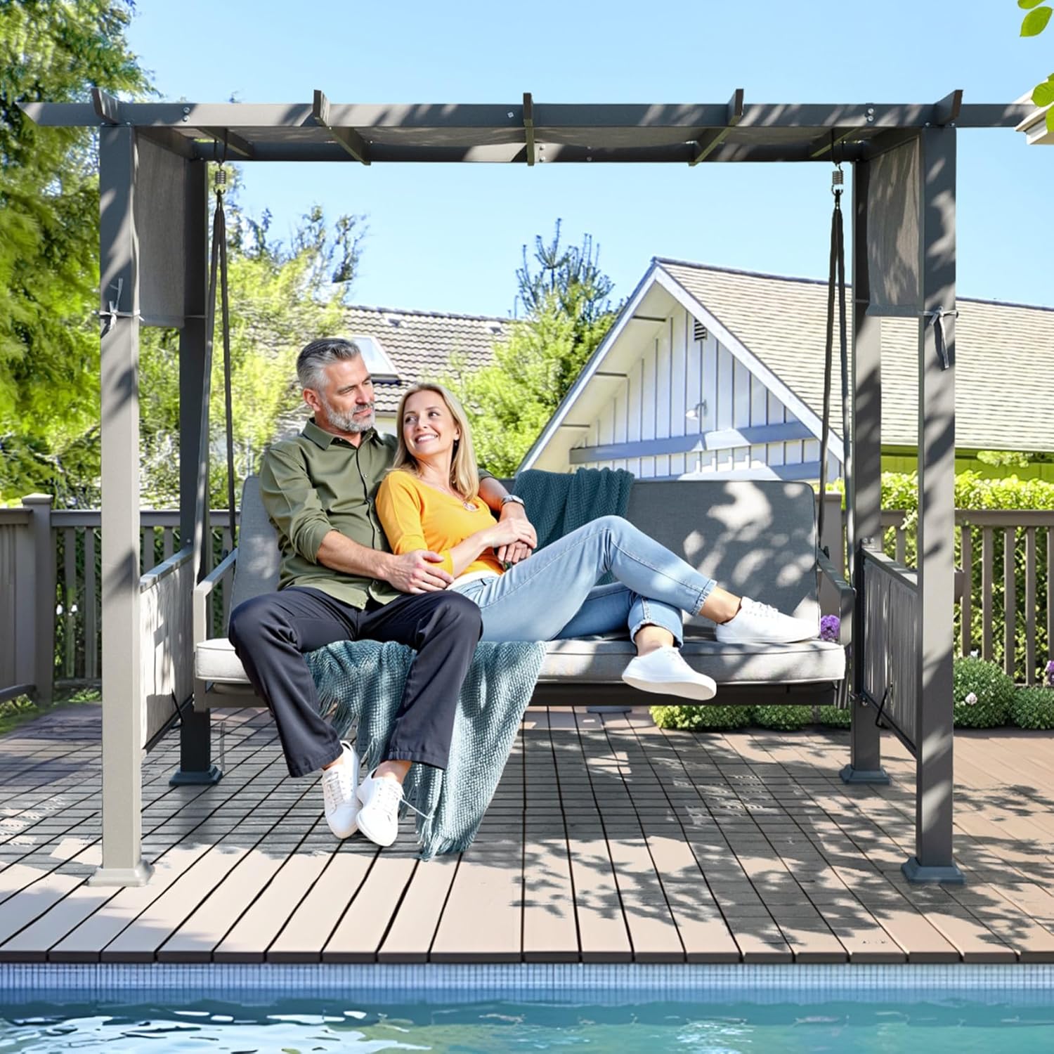 Pamapic 3-Seat Porch Swing with Stand - 990 LBS 2-in-1 Convertible Bed Swing, Adjustable Canopy, Cushions, Gray Outdoor Patio Swing