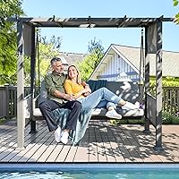 Pamapic 3-Seat Porch Swing with Stand - 990 LBS 2-in-1 Convertible Bed Swing, Adjustable Canopy, Cushions, Gray Outdoor Patio Swing